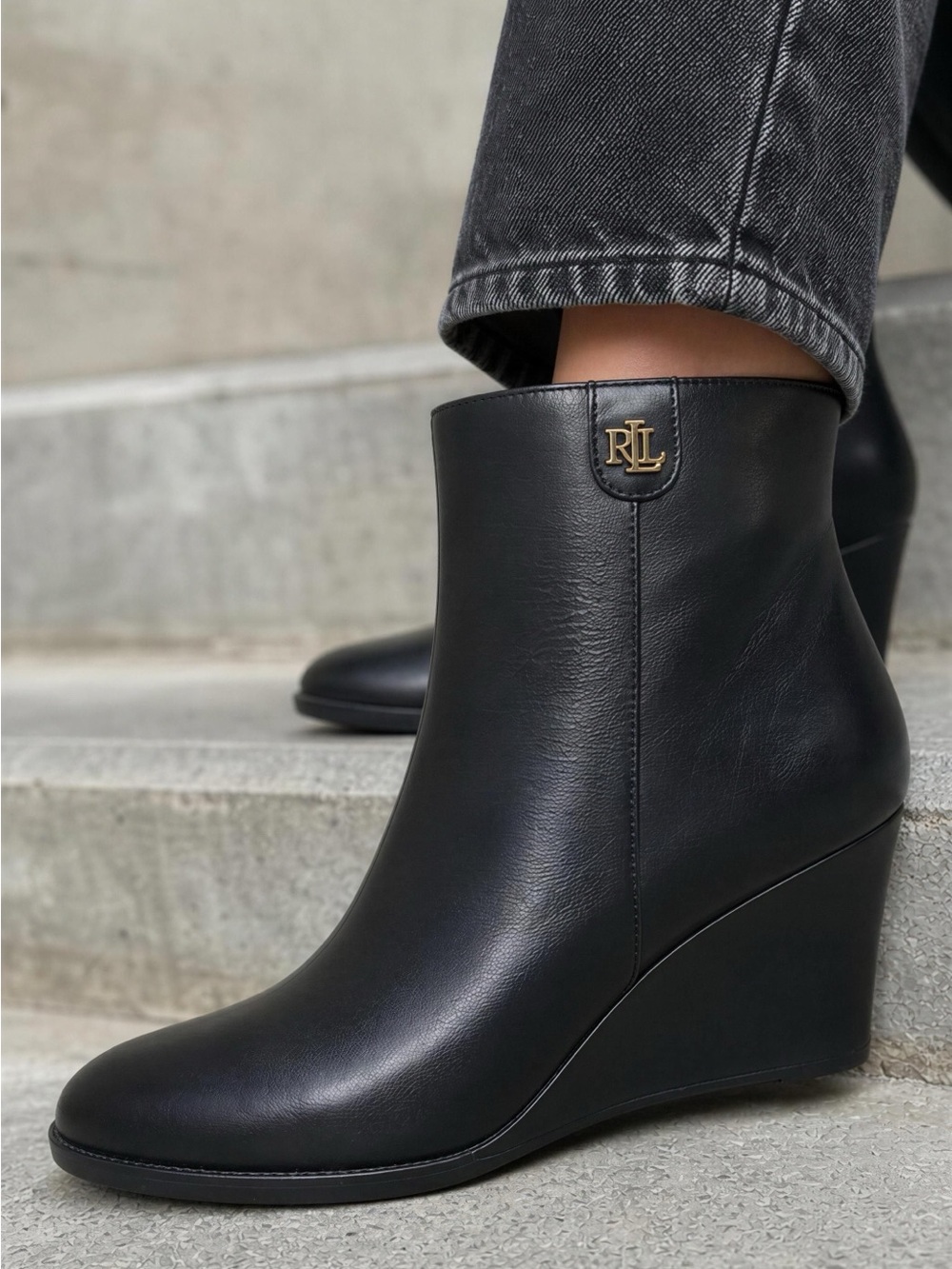 Ralph Lauren Black Leather Shaley Calfskin Wedge Ankle Boots with Gold RL Accent